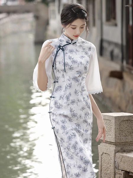 Ethnische Kleidung, Sommer, traditionelles chinesisches Mandarin-Kragen, Chiffon, ausgestellte Ärmel, bedruckter Satin, Cheongsam, elegante handgefertigte Knöpfe, Qipao