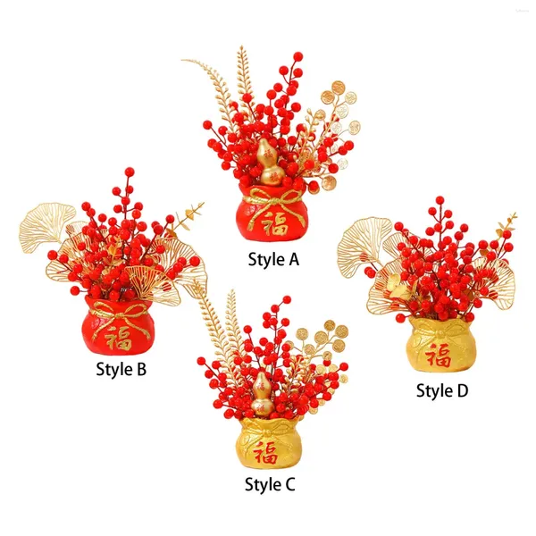 Flores decorativas do festival de primavera chinesa vaso do festival feng shui ornamento vermelho bagas artificiais tradicionais para decoração de desktop versátil