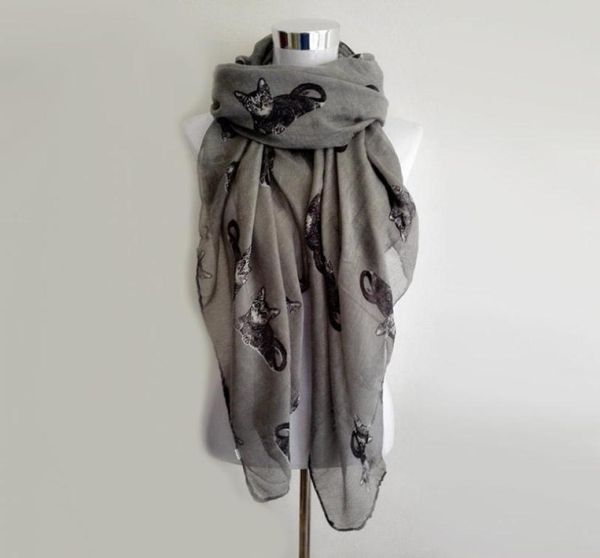Nova moda grande gato padrão cachecol primavera foulard longos cachecóis para mulheres senhoras cinza animal impressão scarves7313044