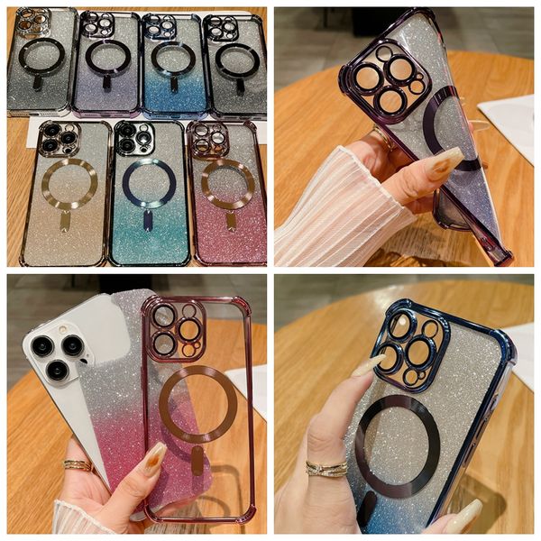 Casse a prova di shock a quattro angoli per iPhone 15 Plus 14 Pro Max 13 12 11 Magnetic Wireless Caring Bling Gradient Luls Lens Protector Protector Chrome Morft TPU Coperchi