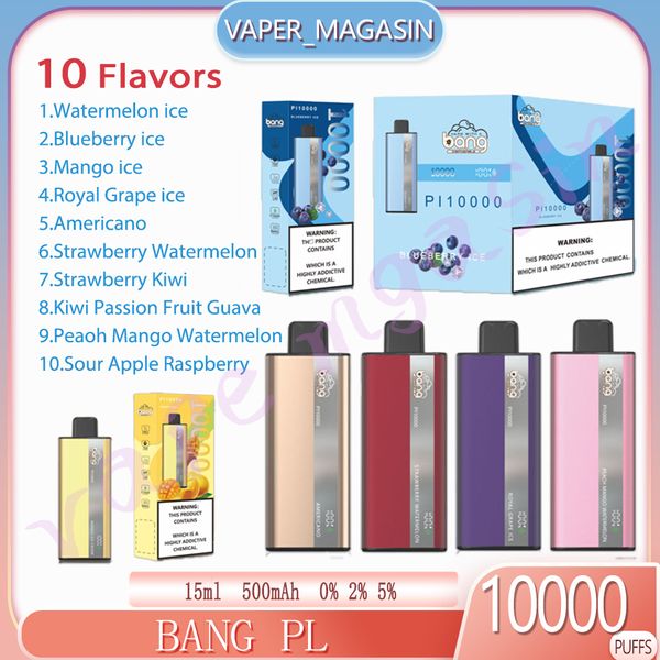 Brandneue BANG PL 10000 Puff E-Zigarette, 15 ml, vorinstallierte Kartusche, 10 Geschmacksrichtungen, 0 % 2 % 3 % 5 % Konzentration, 10000 Züge, 500 mAh wiederaufladbarer Akku, Einweg-Vape-Stift