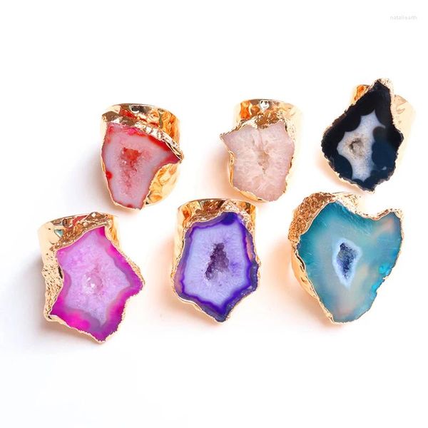 Anéis de cluster Natural Geode Pedra Ágata Fatias Ampla Anel Aberto para Mulheres Boho Dedo Redimensionável Jóias de Cristal Irregular