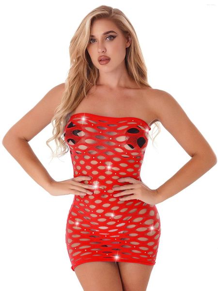 Lässige Kleider Sexy Damen trägerlose Netz-Dessous Nachtwäsche Minikleid Tube Chemise Nachtclub Rave Dance Damen aushöhlen Kleidung