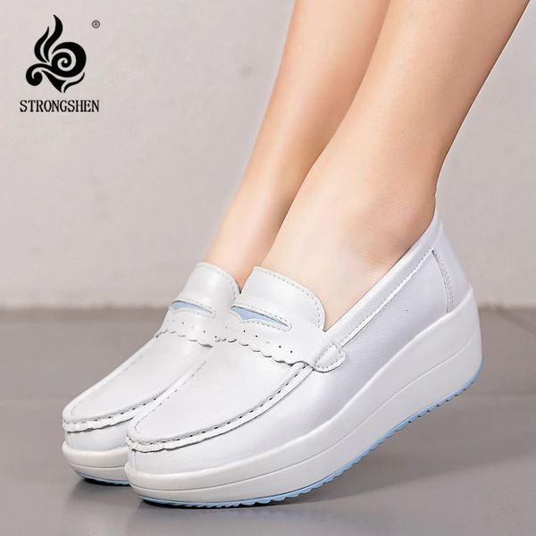 Strongshen mulheres plataforma cunhas sapatos casuais mocassins macio enfermeira sapatos de trabalho respirável confortável antiderrapante sapatos de enfermagem brancos 231225