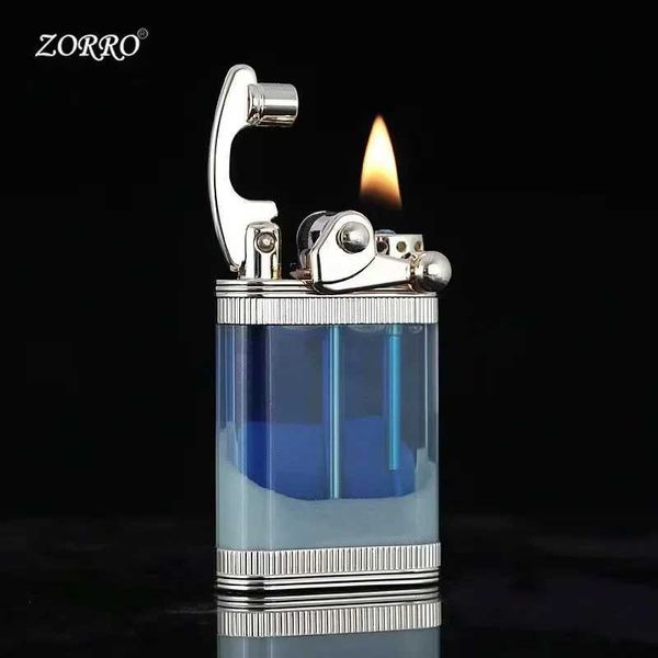 Zorro novo luminoso areia movediça rocker querosene isqueiro transparente tanque de combustível metal retro moagem isqueiro