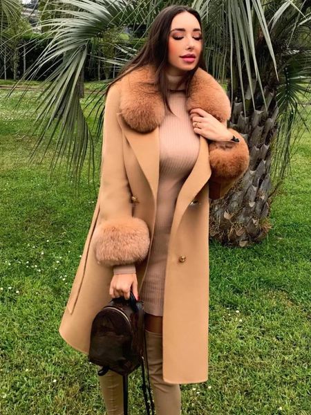 Jaquetas 2022 New Cashmere Wool Blends Real Pur Coat Double Basted Jacket Women Women Natural Fox Fur Collar e pule