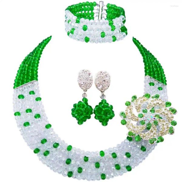 Halskette Ohrringe Set modische grüne transparente nigerianische Hochzeitskostüm afrikanische Perlen Schmuck Kristall 5L-Zj030