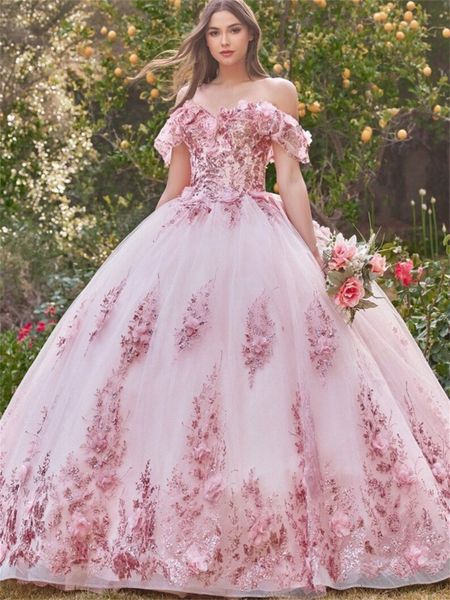 Tulle 3d Floral Apliques Ballgwn Dinceanera Vestidos fora do ombro Sweetheart Vestidos de 15 Quinceanera Corset vestido de aniversário do vestido de aniversário