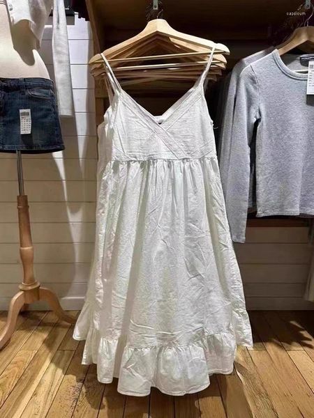 Vestidos casuais Mulheres vestido de acabamento de renda branca 2023 verão sexy v pescoço de pescoço sem mangas algodão vintage sweet ruffles camis