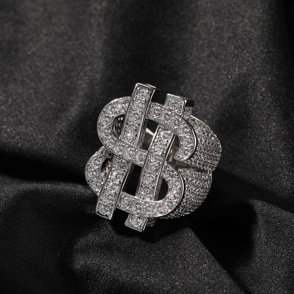 Anel masculino de diamante completo hip hop anel de ouro gelado símbolo do dólar joia