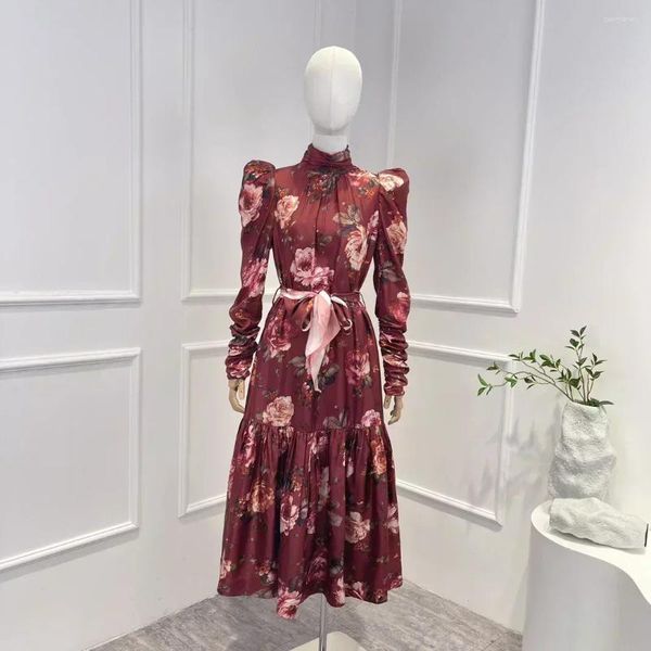 Coleção de vestidos casuais de alta qualidade de seda floral elegante mangas compridas vestido midi de retalhos plissados para mulheres