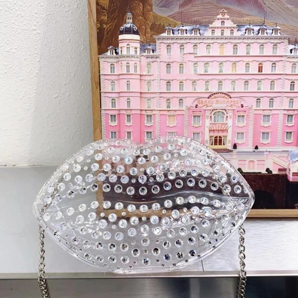 Abendtaschen klare Acrylbox Handtaschen Diamonds Labial Form Umhängetasche lustige Lippengestaltung Crossbody für Frauen Strass