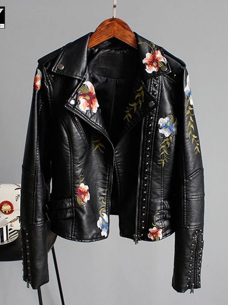 Jaqueta de couro sintético bordado com estampa floral feminina pu motocicleta preto punk cravejado para mulheres 231225