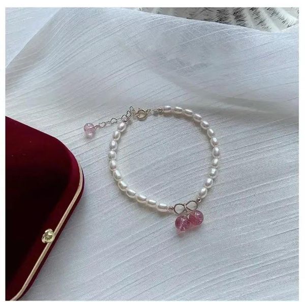 Strand Allme Mode Reis Süßwasserperlen Perlenarmband für Frauen rosa rote Farbe Natursteinkristall Kirschbrand Armbänder