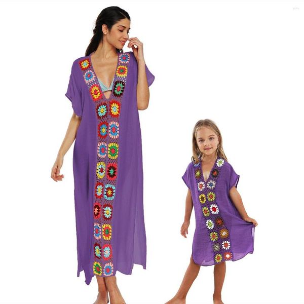 Vestidos casuais para a mão-filho-filho Multi-Color Hand Crocheting Dress Bohemian Dress Mother--Matching Roup