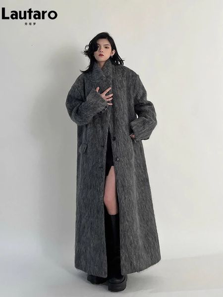 Lautaro осенне-зимняя одежда, женское длинное повседневное пальто большого размера, теплое серое шерстяное пальто, женское макси-пушистое шерстяное пальто 231225