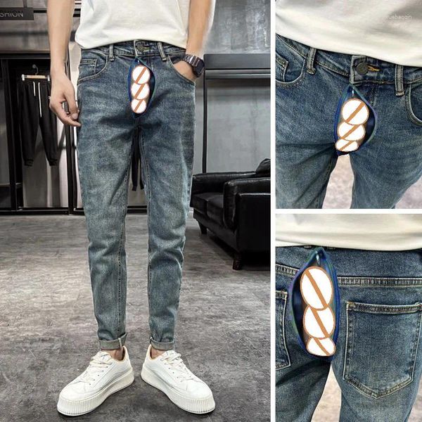 Calças de brim masculinas retro inverno velo fino reto lavado elástico algodão aberto virilha ao ar livre sexo magro moda denim calças