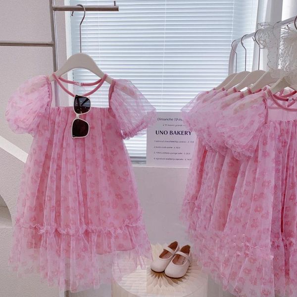 Girl Dresses Girl Girl Summer Mesh Dress Outs Wear Children Abbigliamento per bambini vestiti per bambini Sweet Floral Vestidos Novel Pink Flower Princess