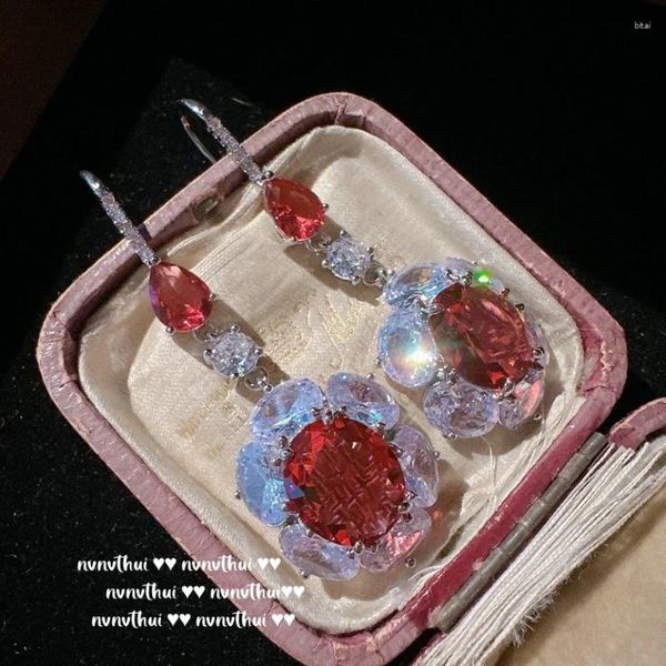 Brincos de Moda feminina Laboratório Oval Rubi Zircônia Drop 925 Cor de prata Pingente vintage Pingle