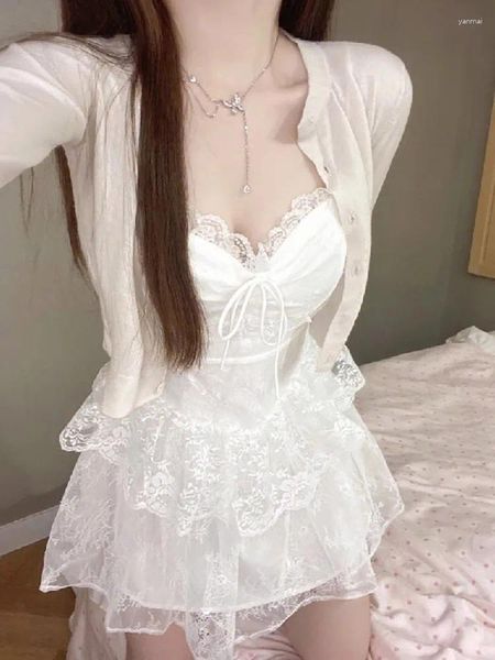 Vestidos de trabalho Coreano Casual Proteção Solar Cardigan de Malha Y2k E-Girl Cintura Alta Renda Alça Branca Verão Doce Conjuntos de Duas Peças