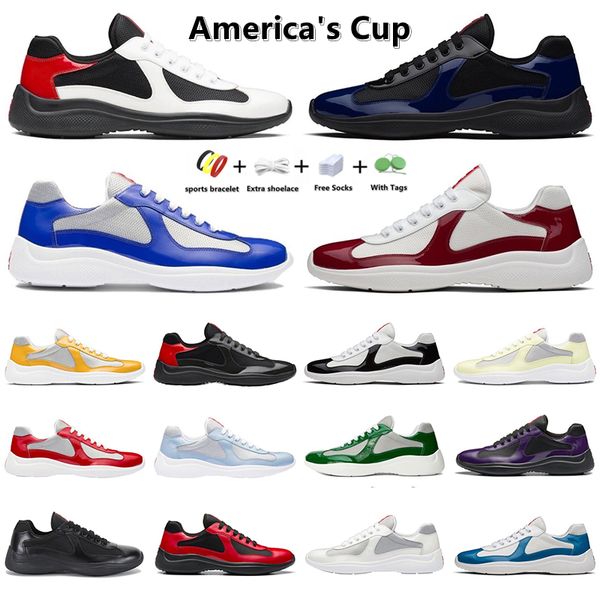 Sıradan Ayakkabı Erkek Kadınlar Amerika Kupası XL Tasarımcı Deri Sabahlar Yüksek Kaliteli Patent Deri Antrenörler Beyaz Siyah Şerit örgü Dantel Up Açık Dış Mekan Spor ayakkabıları