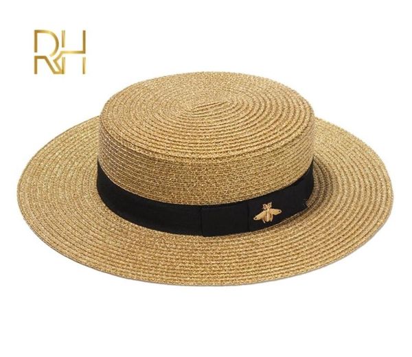 Senhoras sol boater chapéus planos pequena abelha lantejoulas chapéu de palha retro ouro trançado chapéu feminino pára-sol brilho boné liso rh 2203073792210