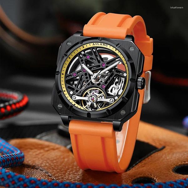 Нарученные часы Ailang Square Skeleton Dial Mechanical Watches Автоматические мужские роскошные оригинальные резиновые турбиллинские часы часов для мужчин