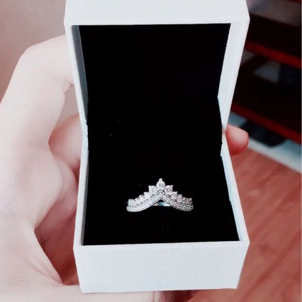 New Princess Wish Ring Original Box für 925 Sterling Silber Prinzessin Wishbone Ringe Set CZ Diamond Women Hochzeits Geschenkring