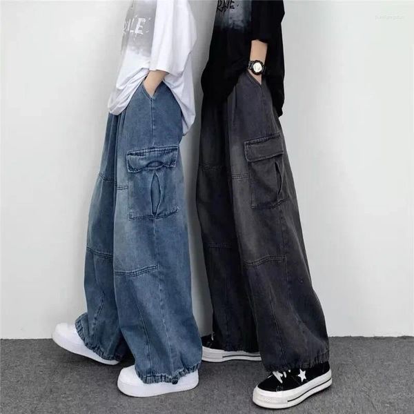 Jeans maschile foufurieux uomini high street retrò le donne oversize oversize lasciano tasche a gamba larga a gamba a gamba pantaloni da cowboy pantaloni da cowboy