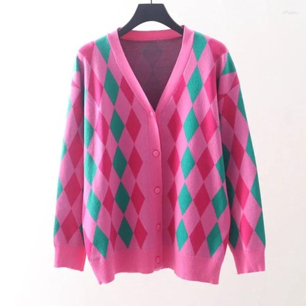 Malhas femininas Diamond Diamond Plaid Volt Sweater Butt Button Botão de peito único solto Cardigan Female Female Female Oversize Casual Autumn Top