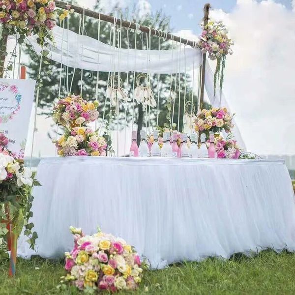 Saia de mesa festa de casamento rosa branco tutu tule talheres pano casa aniversário café chá de bebê decorações 231225