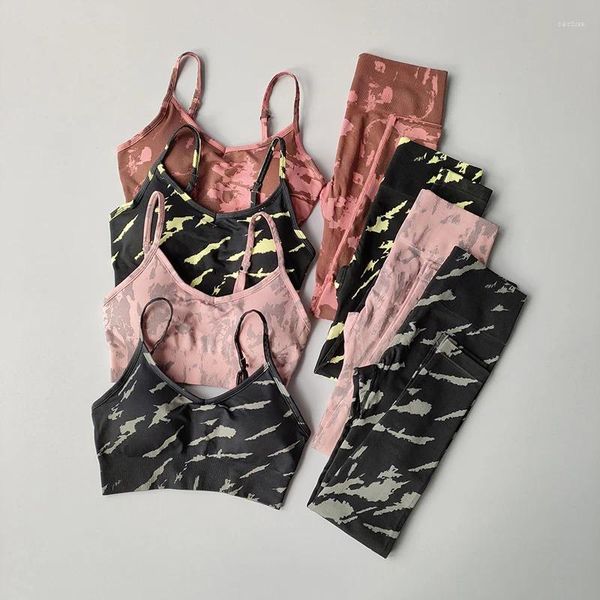 Conjuntos ativos de ioga sem costura Conjunto de ginástica Roupas para ginástica para mulheres Strappy Sports BRA HIGH LEGLGINGS TRANSELHO DE ROUSE