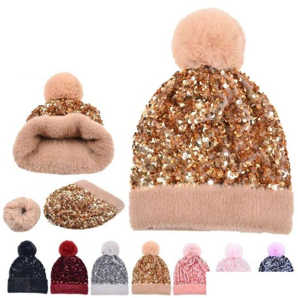 Parti Şapkaları Kış artı Veet Sequins Kadınlar İçin Örme Beanie Hat Unisex Elastik Sıcak Hip Hop Kapağı Yumuşak Baggy Bonnet 920 Damla Teslimat DHBZM