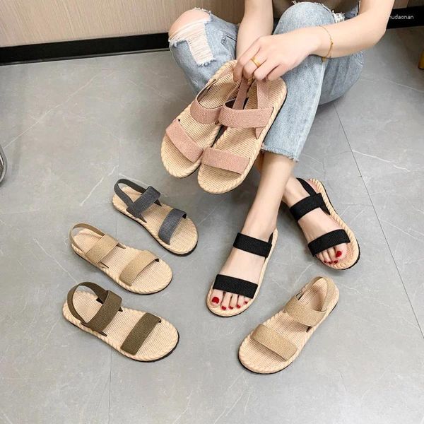 Sandalet 2023 Kadın Yaz Out Giyim İmitasyon Çimen Örme Keten Roma Elastik Kemer Düz Alt Ayakkabılar