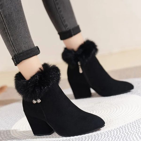 Moda botas femininas de pele inverno quente apontou tornozelo botas sexy strass decoração zíper botas femininas confortáveis sapatos femininos 231225