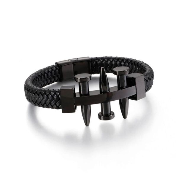 Mode Männer Silber Farbe Gold Schwarz Titan Stahl Drei Nagel Kabel Draht Blut Hand Weben Leder Armreif Armbänder Schmuck 2101805840