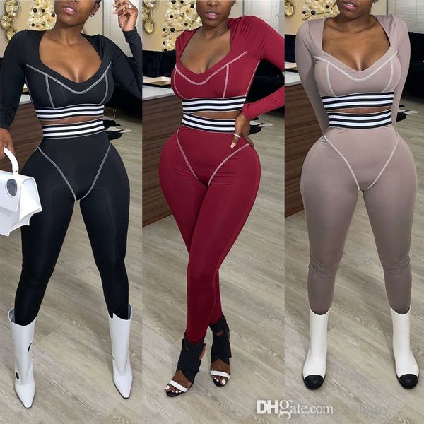 Fashion de pistas femininas Moda Duas peças Coloque Sexy Deep Deep V Listrado de Manga Longa Cultura e Calça Primavera Autumn Conjuntos de esportes casuais para mulheres