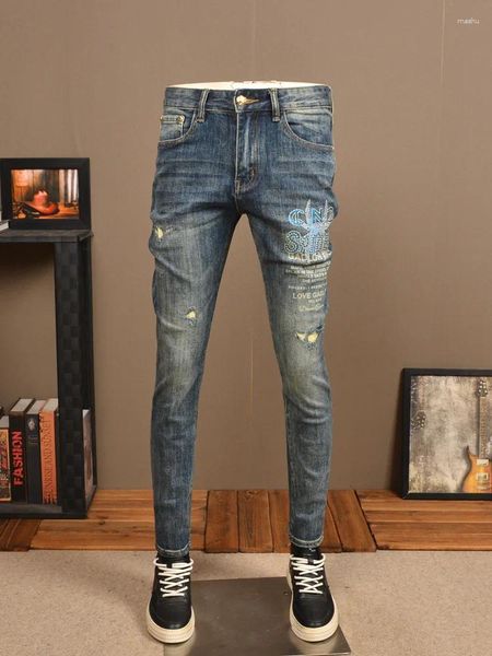 Мужские джинсы ретро избранные доступные доступные роскошные модные растягивающие растягивающие ноги высококачественные отпечатанные отпечатанные отпечатанные брюки