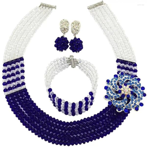 Orecchini di collana set di moda blu reale e chiaro di nozze nigeriane perle africane perle di cristallo gioielli a filo per donne