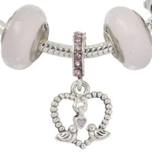 Intero - perle di fascino 925 bracciale a filo placcato in argento Nuovo glassati in lega grande in lega rosa Love uccello a sospensione String306r