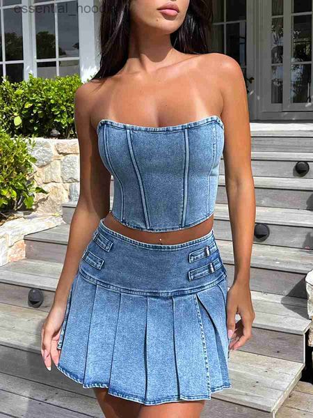 Vestido de duas peças mulheres jeans azul 2 peças de saia de peças Sexy Cropped Strapless Tube Top e placas de saia curta Conjunto de festas de verão Clube de festa L231225