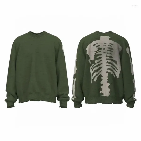 Мужские свитера 23ss Винтаж свободный капитальный скелетный костный свитер мужчина женщина 1: 1 Высококачественное экипаж - зеленые толстовки