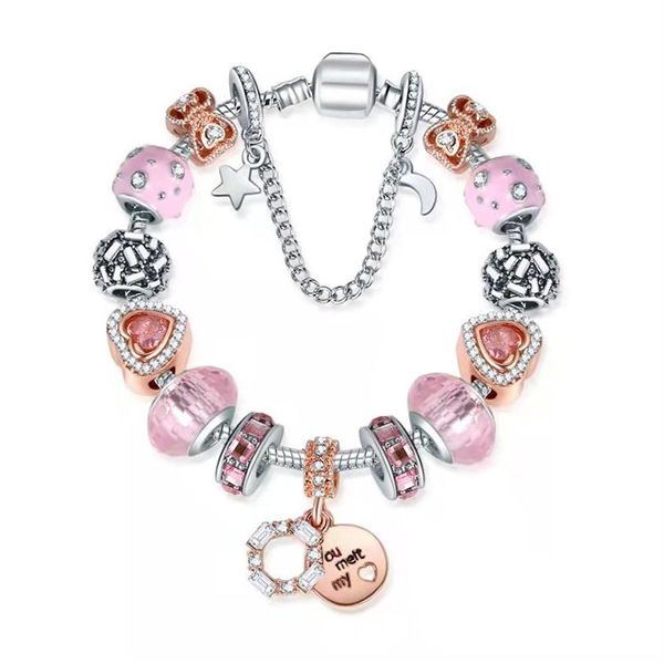 16-21 cm rosa e azul Cristal Diy Charme Minchações Valentine Gift for Girl Heart Moon Star Charms Bracelets Fit Bosom Friends Match Sil2262