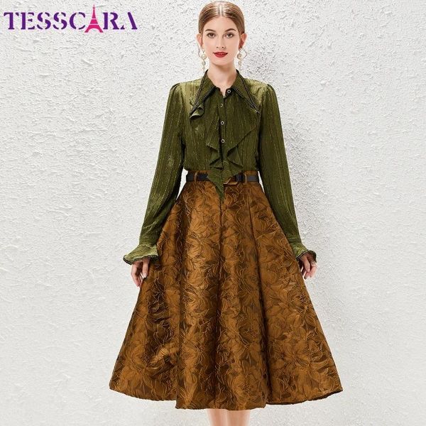 Vestidos casuais tesscara mulheres outono elegante jacquard vestido terno conjunto de alta qualidade longo escritório cocktail festa vintage designer a-line