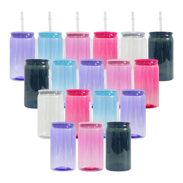 Recycelbarer BPA kostenlos klare transparente 5 Farben gemischt kaltes Getränk Kaffeetasse 16oz farbige Plastikdose mit PP -Deckeln für UV -DTF -Wickel in Stock 60pcs/Gehäuse