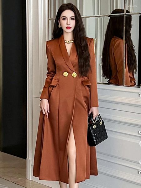 Trench da donna Fashion Ladies Satin Vintage Long Jacket Long Coat formale Domande vestiti eleganti per ufficio Femmme esterno a vento