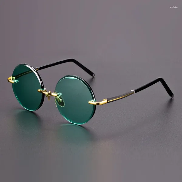 Óculos de sol verde cristal sem aro homem vintage diamante corte redondo óculos de sol mulher motorista óculos hidratante olho