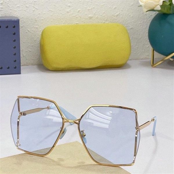 2021 hochwertige Sonnenbrille für Damen und Herren, goldfarbenes Metall, Oversize-Rahmen, hellblaue Gläser, erhältlich mit Box217I