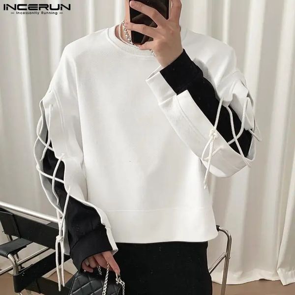 INCERUN Magliette e camicette 2023 Uomini di Stile Coreano Nero Bianco di Colore di Contrasto Del Merletto T-shirt Casual Streetwear Allentato O Collo Camiseta S 5XL 231225