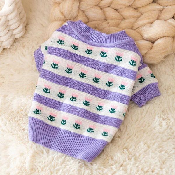 Abbigliamento per cani Tulip viola stampato completo maglione inverno pet cardigan edizione coreana cucciolo magnione orsacchiotto a due gambe